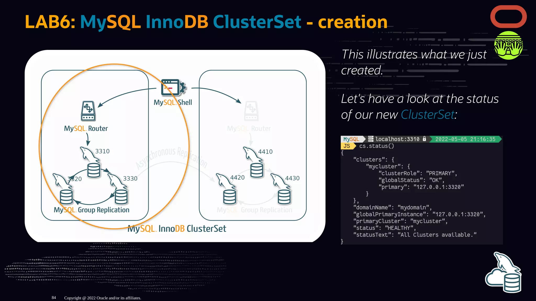 This illustrates what we just
created.
Let's have a look at the status
of our new ClusterSet:
LAB6: MySQL InnoDB ClusterSet - creation
Copyright @ 2022 Oracle and/or its affiliates.
84
 