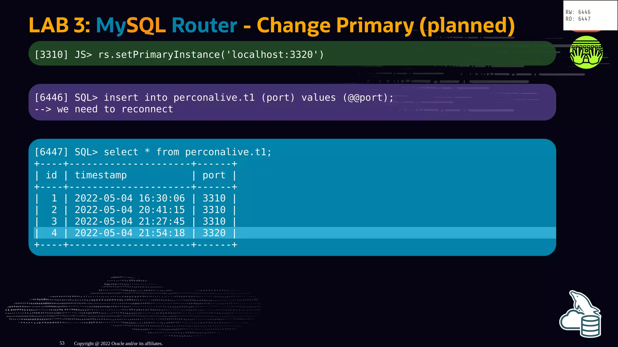 LAB 3: MySQL Router - Change Primary (planned)
[3310] JS> rs.setPrimaryInstance('localhost:3320')
[6446] SQL> insert into perconalive.t1 (port) values (@@port);
--> we need to reconnect
[6447] SQL> select * from perconalive.t1;
+----+---------------------+------+
| id | timestamp | port |
+----+---------------------+------+
| 1 | 2022-05-04 16:30:06 | 3310 |
| 2 | 2022-05-04 20:41:15 | 3310 |
| 3 | 2022-05-04 21:27:45 | 3310 |
| 4 | 2022-05-04 21:54:18 | 3320 |
+----+---------------------+------+
Copyright @ 2022 Oracle and/or its affiliates.
RW: 6446
RO: 6447
53
 