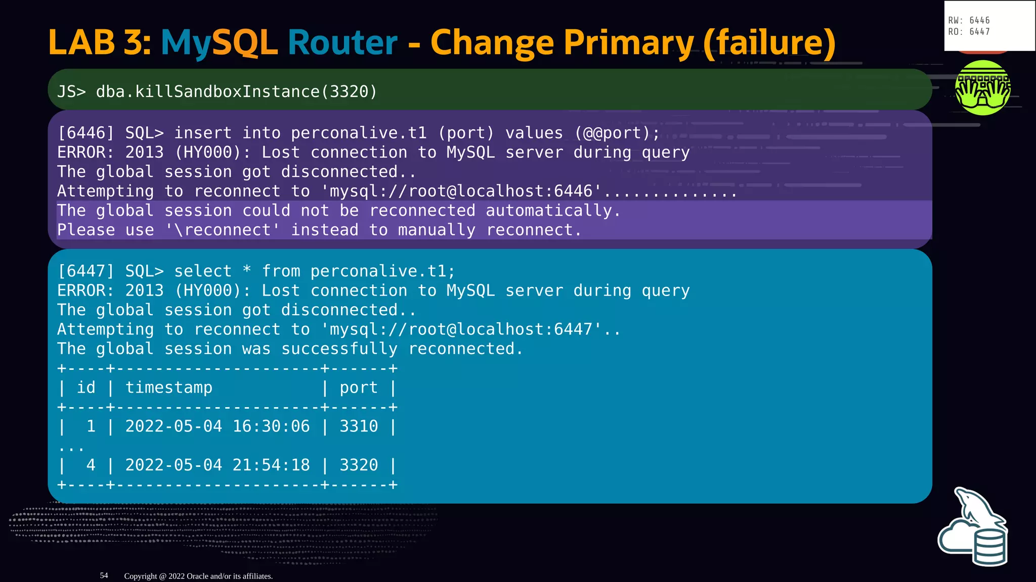 LAB 3: MySQL Router - Change Primary (failure)
JS> dba.killSandboxInstance(3320)
[6446] SQL> insert into perconalive.t1 (port) values (@@port);
ERROR: 2013 (HY000): Lost connection to MySQL server during query
The global session got disconnected..
Attempting to reconnect to 'mysql://root@localhost:6446'..............
The global session could not be reconnected automatically.
Please use 'reconnect' instead to manually reconnect.
[6447] SQL> select * from perconalive.t1;
ERROR: 2013 (HY000): Lost connection to MySQL server during query
The global session got disconnected..
Attempting to reconnect to 'mysql://root@localhost:6447'..
The global session was successfully reconnected.
+----+---------------------+------+
| id | timestamp | port |
+----+---------------------+------+
| 1 | 2022-05-04 16:30:06 | 3310 |
...
| 4 | 2022-05-04 21:54:18 | 3320 |
+----+---------------------+------+
Copyright @ 2022 Oracle and/or its affiliates.
RW: 6446
RO: 6447
54
 