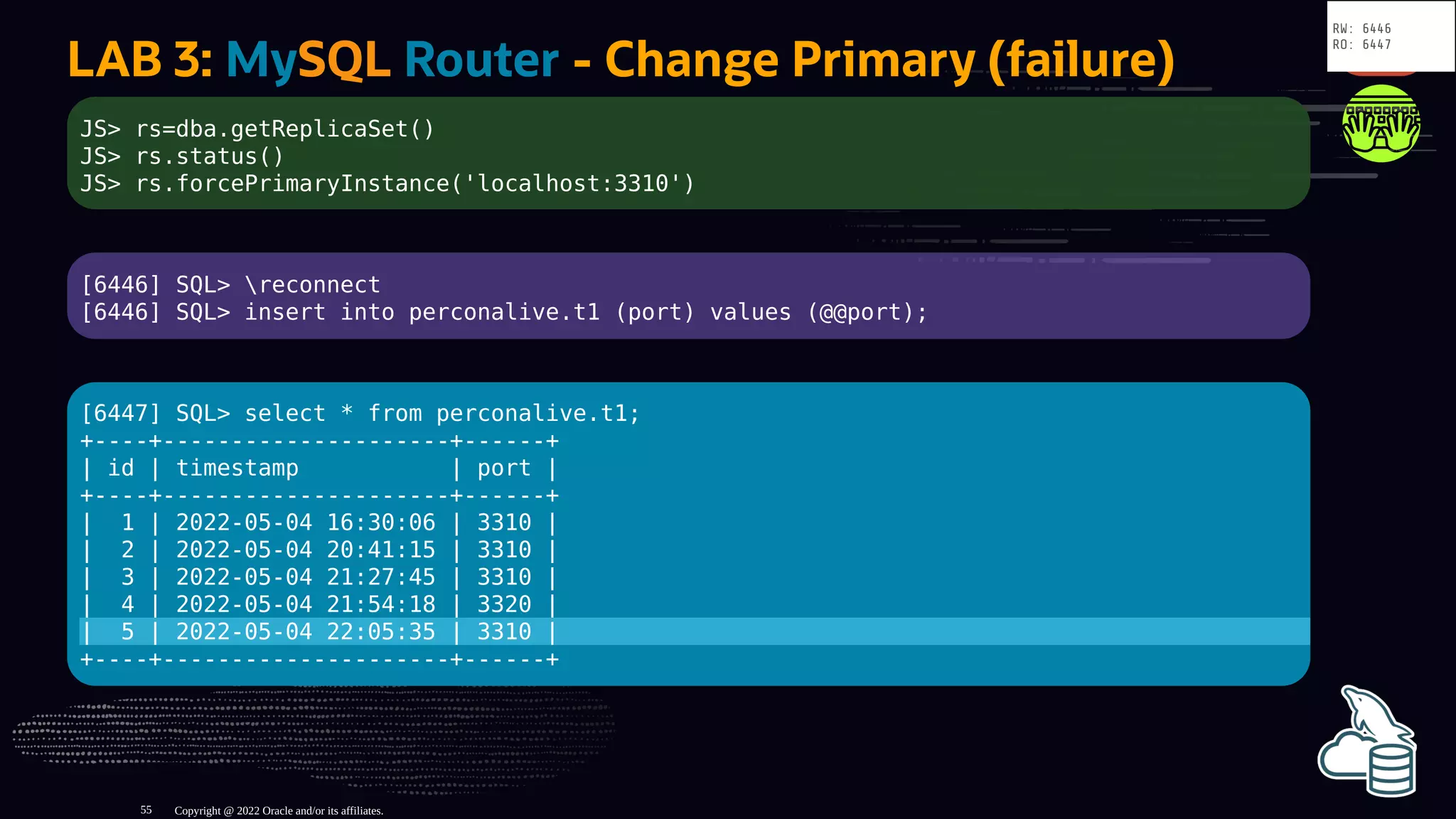 LAB 3: MySQL Router - Change Primary (failure)
JS> rs=dba.getReplicaSet()
JS> rs.status()
JS> rs.forcePrimaryInstance('localhost:3310')
[6446] SQL> reconnect
[6446] SQL> insert into perconalive.t1 (port) values (@@port);
[6447] SQL> select * from perconalive.t1;
+----+---------------------+------+
| id | timestamp | port |
+----+---------------------+------+
| 1 | 2022-05-04 16:30:06 | 3310 |
| 2 | 2022-05-04 20:41:15 | 3310 |
| 3 | 2022-05-04 21:27:45 | 3310 |
| 4 | 2022-05-04 21:54:18 | 3320 |
| 5 | 2022-05-04 22:05:35 | 3310 |
+----+---------------------+------+
Copyright @ 2022 Oracle and/or its affiliates.
RW: 6446
RO: 6447
55
 