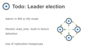Todo: Leader election
Admin in RW or RO mode
Monitor read_only: built-in failure
detection
Use of replication hostgroups
 