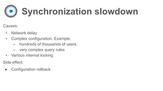 Synchronization slowdown
Causes:
• Network delay
• Complex configuration. Example:
– hundreds of thousands of users
– very complex query rules
• Various internal locking
Side effect:
● Configuration rollback
 