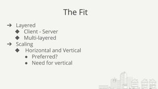 The Fit
➔ Layered
◆ Client - Server
◆ Multi-layered
➔ Scaling
◆ Horizontal and Vertical
● Preferred?
● Need for vertical
 