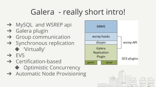 Galera - really short intro!
➔ MySQL and WSREP api
➔ Galera plugin
➔ Group communication
➔ Synchronous replication
◆ ‘Virtually’
➔ EVS
➔ Certification-based
◆ Optimistic Concurrency
➔ Automatic Node Provisioning
 