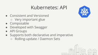 Kubernetes: API
● Consistent and Versioned
○ Very important glue
● Composable
● Developed with Swagger
● API Groups
● Supports both declarative and imperative
○ Rolling-update / Daemon Sets
 