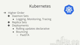 Kubernetes
➔ Higher Order
◆ Daemon Sets
● Logging, Monitoring, Tracing
◆ Replica Sets
◆ Deployments
● Rolling updates declarative
● Bouncing
○ PaaSTA
 