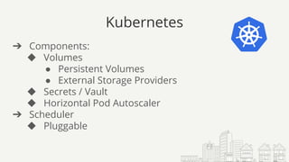 Kubernetes
➔ Components:
◆ Volumes
● Persistent Volumes
● External Storage Providers
◆ Secrets / Vault
◆ Horizontal Pod Autoscaler
➔ Scheduler
◆ Pluggable
 