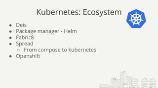 Kubernetes: Ecosystem
● Deis
● Package manager - Helm
● Fabric8
● Spread
○ From compose to kubernetes
● Openshift
 