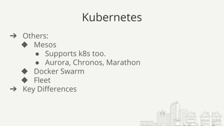 Kubernetes
➔ Others:
◆ Mesos
● Supports k8s too.
● Aurora, Chronos, Marathon
◆ Docker Swarm
◆ Fleet
➔ Key Differences
 