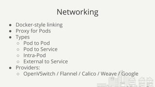 Networking
● Docker-style linking
● Proxy for Pods
● Types
○ Pod to Pod
○ Pod to Service
○ Intra-Pod
○ External to Service
● Providers:
○ OpenVSwitch / Flannel / Calico / Weave / Google
 