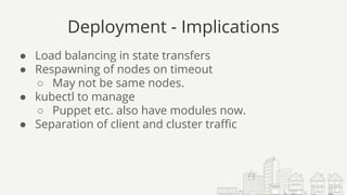 Deployment - Implications
● Load balancing in state transfers
● Respawning of nodes on timeout
○ May not be same nodes.
● kubectl to manage
○ Puppet etc. also have modules now.
● Separation of client and cluster traffic
 