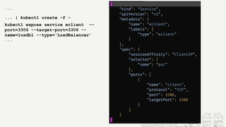 ```
... | kubectl create -f -
kubectl expose service eclient --
port=3306 --target-port=3306 --
name=loadbl --type='LoadBalancer’
```
 