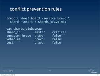 con$ict prevention rules
         trepctl -host host3 -service bravo 
           shard -insert < shards_bravo.map

         cat shards_alpha.map
         shard_id        master         critical
         tungsten_bravo bravo           false
         vehicles        bravo          false
         test            bravo          false




   ©Continuent 2012.              111


Monday, December 03, 12                            111
 
