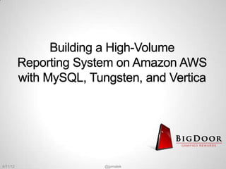 Building a High-Volume
          Reporting System on Amazon AWS
          with MySQL, Tungsten, and Vertica




                                      GAMIFIED REW ARDS




4/11/12                  @jpmalek
 
