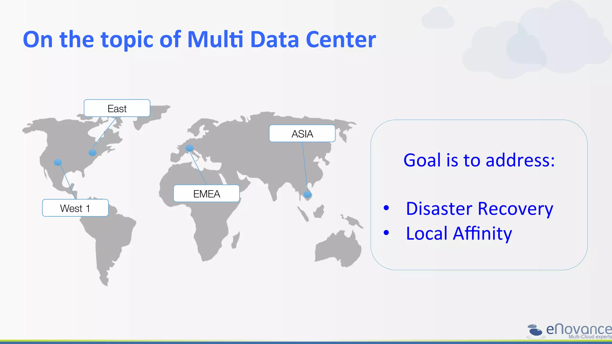 On	
  the	
  topic	
  of	
  Mul>	
  Data	
  Center	
  
	
  
West 1
East
EMEA
ASIA
Goal	
  is	
  to	
  address:	
  
	
  
•  Disaster	
  Recovery	
  
•  Local	
  Aﬃnity	
  
 