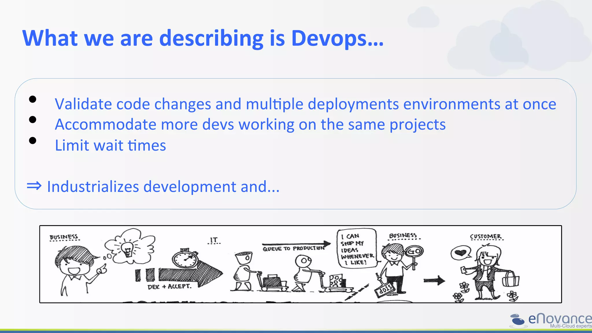 What	
  we	
  are	
  describing	
  is	
  Devops…	
  
	
  
•  Validate	
  code	
  changes	
  and	
  mulRple	
  deployments	
  environments	
  at	
  once	
  
•  Accommodate	
  more	
  devs	
  working	
  on	
  the	
  same	
  projects	
  
•  Limit	
  wait	
  Rmes	
  
	
  
⇒	
  Industrializes	
  development	
  and...	
  
 