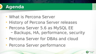 Agenda
• What is Percona Server
• History of Percona Server releases
• Percona Server 5.6 as MySQL EE
– Backups, HA, performance, security
• Percona Server for DBAs and cloud
• Percona Server performance
2
 