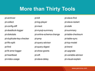 More than Thirty Tools
pt-archiver                pt-kill                   pt-slave-find
pt-collect                 pt-log-player             pt-slave-restart
pt-config-diff             pt-mext                   pt-stalk
pt-deadlock-logger         pt-mysql-summary          pt-summary
pt-diskstats               pt-online-schema-change   pt-table-checksum
pt-duplicate-key-checker   pt-pmp                    pt-table-sync
pt-fifo-split              pt-query-advisor          pt-tcp-model
pt-find                    pt-query-digest           pt-trend
pt-fk-error-logger         pt-show-grants            pt-upgrade
pt-heartbeat               pt-sift                   pt-variable-advisor
pt-index-usage             pt-slave-delay            pt-visual-explain



                                                                www.percona.com
 