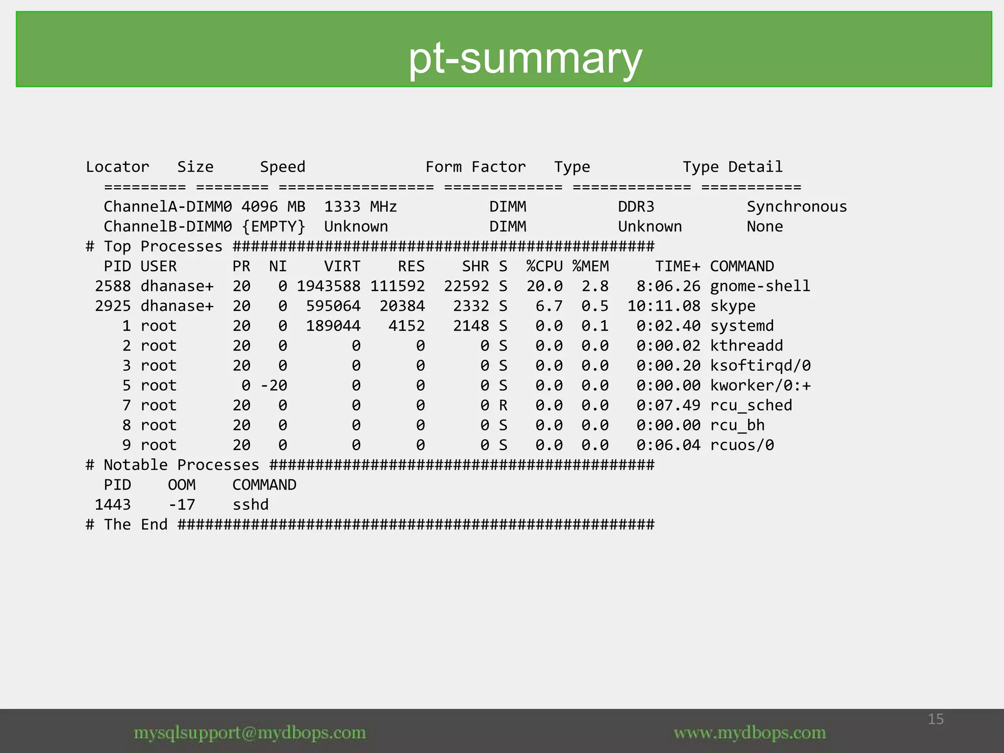 Locator Size Speed Form Factor Type Type Detail
========= ======== ================= ============= ============= ===========
ChannelA-DIMM0 4096 MB 1333 MHz DIMM DDR3 Synchronous
ChannelB-DIMM0 {EMPTY} Unknown DIMM Unknown None
# Top Processes ##############################################
PID USER PR NI VIRT RES SHR S %CPU %MEM TIME+ COMMAND
2588 dhanase+ 20 0 1943588 111592 22592 S 20.0 2.8 8:06.26 gnome-shell
2925 dhanase+ 20 0 595064 20384 2332 S 6.7 0.5 10:11.08 skype
1 root 20 0 189044 4152 2148 S 0.0 0.1 0:02.40 systemd
2 root 20 0 0 0 0 S 0.0 0.0 0:00.02 kthreadd
3 root 20 0 0 0 0 S 0.0 0.0 0:00.20 ksoftirqd/0
5 root 0 -20 0 0 0 S 0.0 0.0 0:00.00 kworker/0:+
7 root 20 0 0 0 0 R 0.0 0.0 0:07.49 rcu_sched
8 root 20 0 0 0 0 S 0.0 0.0 0:00.00 rcu_bh
9 root 20 0 0 0 0 S 0.0 0.0 0:06.04 rcuos/0
# Notable Processes ##########################################
PID OOM COMMAND
1443 -17 sshd
# The End ####################################################
pt-summary
 