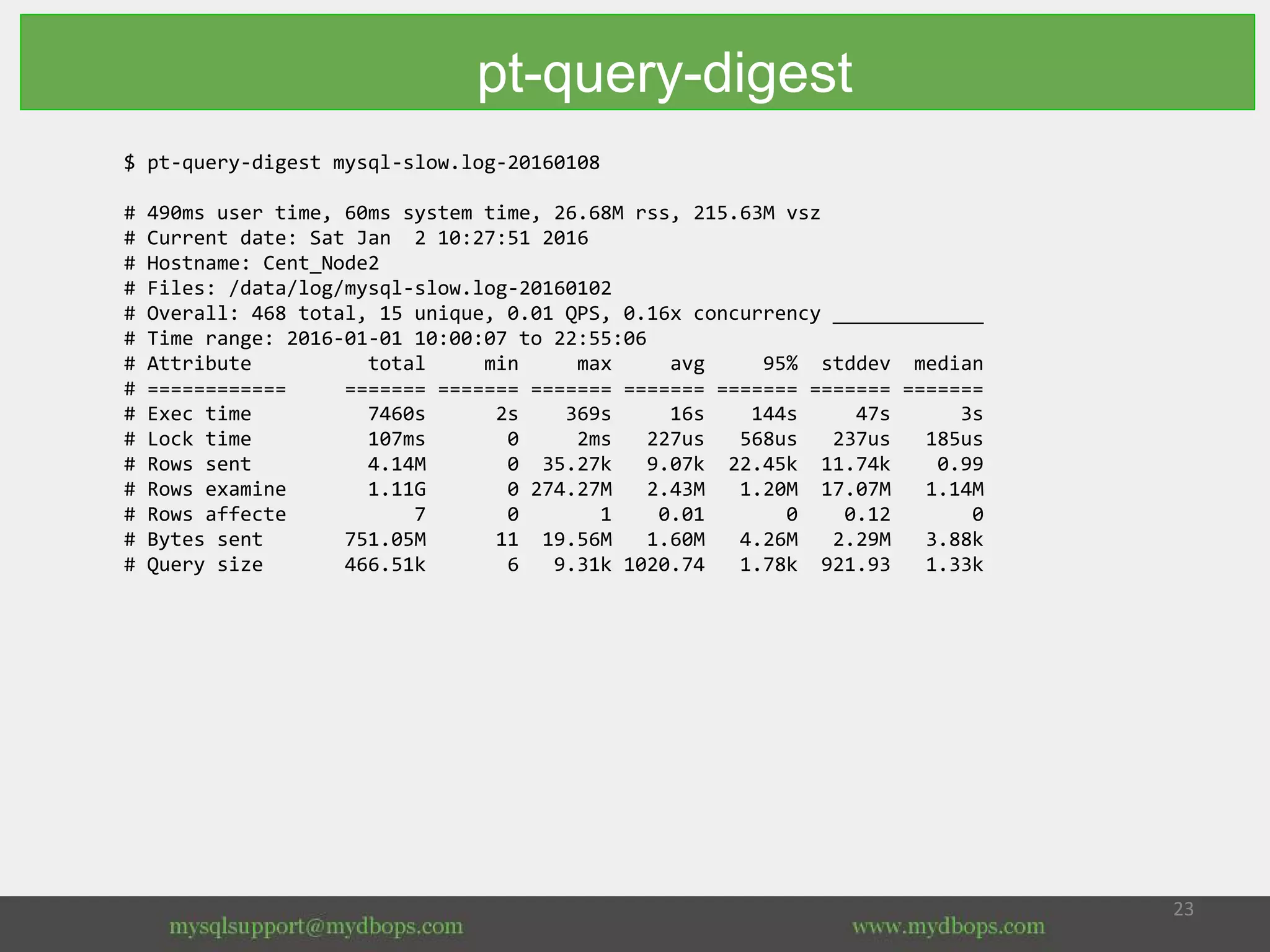 $ pt-query-digest mysql-slow.log-20160108
# 490ms user time, 60ms system time, 26.68M rss, 215.63M vsz
# Current date: Sat Jan 2 10:27:51 2016
# Hostname: Cent_Node2
# Files: /data/log/mysql-slow.log-20160102
# Overall: 468 total, 15 unique, 0.01 QPS, 0.16x concurrency _____________
# Time range: 2016-01-01 10:00:07 to 22:55:06
# Attribute total min max avg 95% stddev median
# ============ ======= ======= ======= ======= ======= ======= =======
# Exec time 7460s 2s 369s 16s 144s 47s 3s
# Lock time 107ms 0 2ms 227us 568us 237us 185us
# Rows sent 4.14M 0 35.27k 9.07k 22.45k 11.74k 0.99
# Rows examine 1.11G 0 274.27M 2.43M 1.20M 17.07M 1.14M
# Rows affecte 7 0 1 0.01 0 0.12 0
# Bytes sent 751.05M 11 19.56M 1.60M 4.26M 2.29M 3.88k
# Query size 466.51k 6 9.31k 1020.74 1.78k 921.93 1.33k
pt-query-digest
 