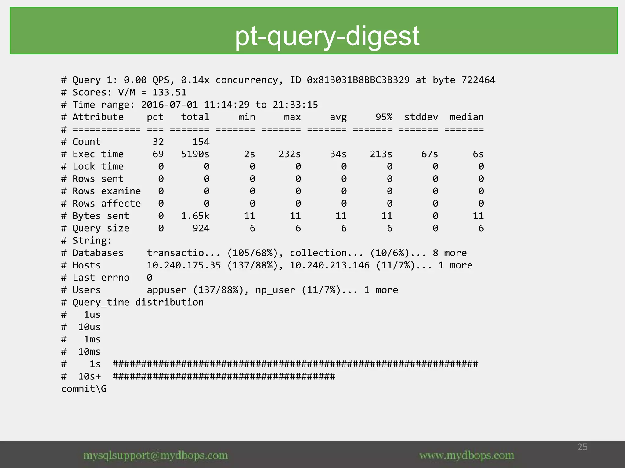 # Query 1: 0.00 QPS, 0.14x concurrency, ID 0x813031B8BBC3B329 at byte 722464
# Scores: V/M = 133.51
# Time range: 2016-07-01 11:14:29 to 21:33:15
# Attribute pct total min max avg 95% stddev median
# ============ === ======= ======= ======= ======= ======= ======= =======
# Count 32 154
# Exec time 69 5190s 2s 232s 34s 213s 67s 6s
# Lock time 0 0 0 0 0 0 0 0
# Rows sent 0 0 0 0 0 0 0 0
# Rows examine 0 0 0 0 0 0 0 0
# Rows affecte 0 0 0 0 0 0 0 0
# Bytes sent 0 1.65k 11 11 11 11 0 11
# Query size 0 924 6 6 6 6 0 6
# String:
# Databases transactio... (105/68%), collection... (10/6%)... 8 more
# Hosts 10.240.175.35 (137/88%), 10.240.213.146 (11/7%)... 1 more
# Last errno 0
# Users appuser (137/88%), np_user (11/7%)... 1 more
# Query_time distribution
# 1us
# 10us
# 1ms
# 10ms
# 1s ################################################################
# 10s+ #######################################
commitG
pt-query-digest
 