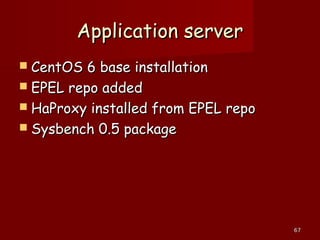 6767
Application serverApplication server
 CentOS 6 base installationCentOS 6 base installation
 EPEL repo addedEPEL repo added
 HaProxy installed from EPEL repoHaProxy installed from EPEL repo
 Sysbench 0.5 packageSysbench 0.5 package
 
