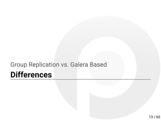 Group Replication vs. Galera Based
Differences
13 / 60
 