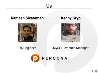 Ramesh Sivaraman
QA Engineer
Kenny Gryp
MySQL Practice Manager
Us
2 / 60
 