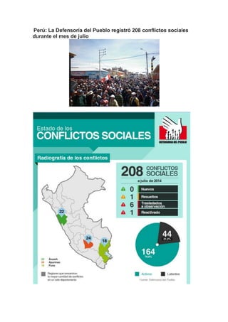 Perú: La Defensoría del Pueblo registró 208 conflictos sociales
durante el mes de julio
 