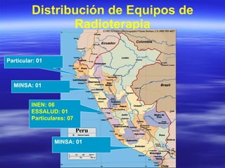 Distribución de Equipos de Radioterapia MINSA: 01 INEN: 06 ESSALUD: 01 Particulares: 07 MINSA: 01 Particular: 01 