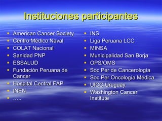 Instituciones participantes American Cancer Society Centro Médico Naval COLAT Nacional Sanidad PNP ESSALUD Fundación Peruana de Cancer Hospital Central FAP INEN … .. INS Liga Peruana LCC MINSA Municipalidad San Borja OPS/OMS Soc Per de Cancerología Soc Per Oncología Médica UICC-Uruguay Washington Cancer Institute 