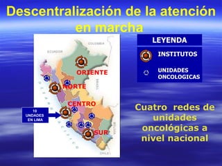 Descentralización de la atención en marcha   Cuatro  redes de unidades oncológicas a nivel nacional NORTE CENTRO SUR 10  UNDADES  EN LIMA ORIENTE INSTITUTOS UNIDADES ONCOLOGICAS LEYENDA 