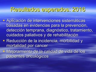 Resultados esperados: 2016 Aplicación de intervenciones sistemáticas basadas en evidencias para la prevención, detección temprana, diagnóstico, tratamiento, cuidados paliativos y de rehabilitación Reducción de la incidencia, morbilidad y mortalidad por cancer  Mejoramiento de la calidad de vida de los pacientes oncológicos  
