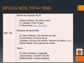 BVG
ÉPOCA NÓS (1914-1936)
SÉC. XX
Poesía da Xeración do 25
_Manuel Antonio: De catro a catro
_A. Carballo: Proel, O galo
_...
