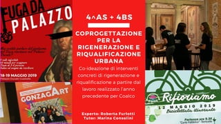 Co-ideazione di interventi
concreti di rigenerazione e
riqualificazione a partire dal
lavoro realizzato l’anno
precedente per Coalco
COPROGETTAZIONE
PER LA
RIGENERAZIONE E
RIQUALIFICAZIONE
URBANA
4^AS + 4BS
Esperto: Roberta Furlotti
Tutor: Marina Consolini
 