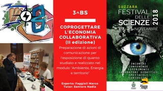 Preparazione di azioni di
comunicazione per
l’esposizione di quanto
studiato e realizzato nel
modulo “Ambiente, Energia
e territorio”
COPROGETTARE
L’ECONOMIA
COLLABORATIVA
(II edizione)
3^BS
Esperto: Faggioli Marco
Tutor: Santoro Nadia
 