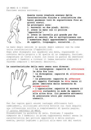 LE MANI E I PIEDI
Facciamo ancora scrivere...
Queste nuove creature avevano delle
caratteristiche fisiche e intellettive che
hanno permesso loro di sopravvivere fino ai
giorni nostri.
Le principali sono:
1. muoversi su due piedi, dritti;
2. avere la mano con il pollice
“opponibile”;
3. avere un cervello più grande per far
posto ai neuroni che si moltiplicavano con
l’aumentare degli apprendimenti (costruzione
di oggetti, linguaggio, socialità...).
La mano degli ominidi (e quindi degli uomini) non ha come
unica caratteristica l’opponibilità.
Dopo aver disegnato sul quaderno una mano, ripassando il
contorno della propria o di quella di un compagno, facciamo
completare un testo a buchi (in rosso le parole da omettere)
aiutando i bambini a trovare il lemma mancante compiendo e
facendo compiere i movimenti descritti.
Le caratteristiche della mano umana sono diverse:
- la convergenza: capacità di avvicinare
le dita fra loro
- la divergenza: capacità di allontanare
le dita
- la prensione: capacità di afferrare
gli oggetti flettendo le dita verso il
palmo (derivata dalla necessità di
arrampicarsi)
- l'opposizione: capacità di muovere il
pollice ruotandolo in modo da opporlo
alle altre dita. Ciò permette movimenti
di precisione utili per costruire
utensili.
Per far capire quali enormi vantaggi offrissero tali
cambiamenti, utilizziamo attività motorie cui farà seguito
una riflessione scritta a completamento di questa pagina.
1° gioco: RACCOGLI LE MELE.
Disseminiamo la palestra di mele. Formiamo 3 squadre
composte da 2 bambini: la prima rappresenta esseri senza la
caratteristica del pollice opponibile e della postura
eretta, perciò leghiamo i pollici alla mano con del nastro
 