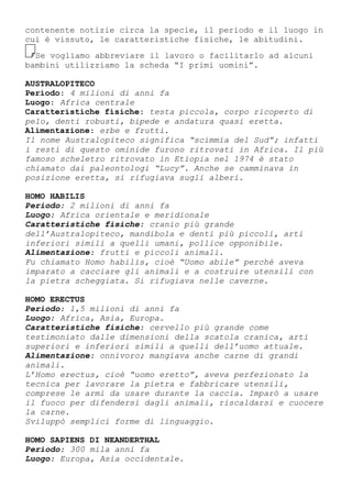contenente notizie circa la specie, il periodo e il luogo in
cui è vissuto, le caratteristiche fisiche, le abitudini.
Se vogliamo abbreviare il lavoro o facilitarlo ad alcuni
bambini utilizziamo la scheda “I primi uomini”.
AUSTRALOPITECO
Periodo: 4 milioni di anni fa
Luogo: Africa centrale
Caratteristiche fisiche: testa piccola, corpo ricoperto di
pelo, denti robusti, bipede e andatura quasi eretta.
Alimentazione: erbe e frutti.
Il nome Australopiteco significa “scimmia del Sud”; infatti
i resti di questo ominide furono ritrovati in Africa. Il più
famoso scheletro ritrovato in Etiopia nel 1974 è stato
chiamato dai paleontologi “Lucy”. Anche se camminava in
posizione eretta, si rifugiava sugli alberi.
HOMO HABILIS
Periodo: 2 milioni di anni fa
Luogo: Africa orientale e meridionale
Caratteristiche fisiche: cranio più grande
dell’Australopiteco, mandibola e denti più piccoli, arti
inferiori simili a quelli umani, pollice opponibile.
Alimentazione: frutti e piccoli animali.
Fu chiamato Homo habilis, cioè “Uomo abile” perché aveva
imparato a cacciare gli animali e a costruire utensili con
la pietra scheggiata. Si rifugiava nelle caverne.
HOMO ERECTUS
Periodo: 1,5 milioni di anni fa
Luogo: Africa, Asia, Europa.
Caratteristiche fisiche: cervello più grande come
testimoniato dalle dimensioni della scatola cranica, arti
superiori e inferiori simili a quelli dell’uomo attuale.
Alimentazione: onnivoro; mangiava anche carne di grandi
animali.
L’Homo erectus, cioè “uomo eretto”, aveva perfezionato la
tecnica per lavorare la pietra e fabbricare utensili,
comprese le armi da usare durante la caccia. Imparò a usare
il fuoco per difendersi dagli animali, riscaldarsi e cuocere
la carne.
Sviluppò semplici forme di linguaggio.
HOMO SAPIENS DI NEANDERTHAL
Periodo: 300 mila anni fa
Luogo: Europa, Asia occidentale.
 