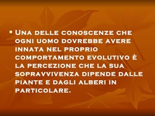 Una delle conoscenze che ogni uomo dovrebbe avere innata nel proprio comportamento evolutivo è la percezione che la sua sopravvivenza dipende dalle piante e dagli alberi in particolare. 