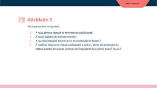 Para preencher no quadro:
1. A qual gênero textual se referem às habilidades?
2. A quais objetos de conhecimento?
3. A qual(is) etapa(s) do processo de produção de textos?
4. É possível relacionar essas habilidades a outras, tanto de produção de
textos quanto de outras práticas de linguagem dos outros eixos? Quais?
Atividade 3
 