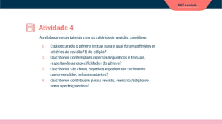 Ao elaborarem as tabelas com os critérios de revisão, considere:
1. Está declarado o gênero textual para o qual foram definidos os
critérios de revisão? E de edição?
2. Os critérios contemplam aspectos linguísticos e textuais,
respeitando as especificidades do gênero?
3. Os critérios são claros, objetivos e podem ser facilmente
compreendidos pelos estudantes?
4. Os critérios contribuem para a revisão, reescrita/edição do
texto aperfeiçoando-o?
Atividade 4
 
