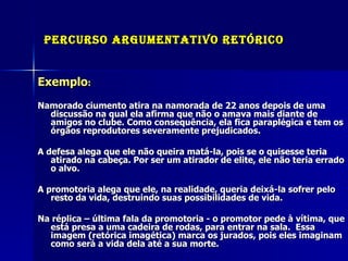 Percurso Argumentativo Retórico Exemplo : Namorado ciumento atira na namorada de 22 anos depois de uma discussão na qual ela afirma que não o amava mais diante de amigos no clube. Como consequência, ela fica paraplégica e tem os órgãos reprodutores severamente prejudicados. A defesa alega que ele não queira matá-la, pois se o quisesse teria atirado na cabeça. Por ser um atirador de elite, ele não teria errado o alvo. A promotoria alega que ele, na realidade, queria deixá-la sofrer pelo resto da vida, destruindo suas possibilidades de vida. Na réplica – última fala da promotoria - o promotor pede à vítima, que está presa a uma cadeira de rodas, para entrar na sala.  Essa imagem (retórica imagética) marca os jurados, pois eles imaginam como será a vida dela até a sua morte.  