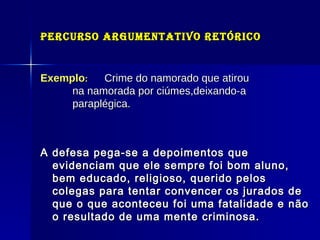 Percurso Argumentativo Retórico Exemplo :  Crime do namorado que atirou    na namorada por ciúmes,deixando-a  paraplégica. A defesa pega-se a depoimentos que evidenciam que ele sempre foi bom aluno, bem educado, religioso, querido pelos colegas para tentar convencer os jurados de que o que aconteceu foi uma fatalidade e não o resultado de uma mente criminosa. 