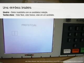 Usuário – Eleitor insatisfeito com os candidatos à eleição.
Tarefas chave – Votar Nulo, votar branco, votar em um candidato.
Urna eletrônica brasileira
autor: Marcos Machado / fonte: http://www.designdeinteracao.com.br/2008/10/27/quando-a-ideologia-se-reﬂete-na-usabilidade/
 