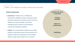 Unidades
temáticas
Competências gerais
e específicas
Objetos de
conhecimento
Habilidades
Ensino Fundamental
▪ Competências - Definidas como a "mobilização de
conhecimentos, habilidades, atitudes e valores para resolver
demandas complexas da vida cotidiana, do pleno exercício da
cidadania e do mundo de trabalho". Além das dez
competências gerais, cada área e cada componente
curricular têm competências específicas.
▪ Unidades - São os grandes blocos temáticos em que a BNCC
organizou o conhecimento escolar de cada componente. Um
exemplo: em Ciências do Fundamental 1, há três unidades
(Matéria e Energia, Vida e Evolução e Terra e Universo).
BNCC - Um mergulho nas etapas: síntese para o formador
 