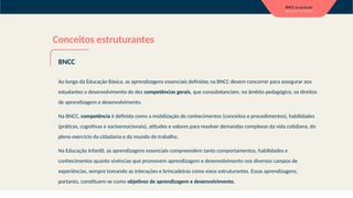 Conceitos estruturantes
Ao longo da Educação Básica, as aprendizagens essenciais definidas na BNCC devem concorrer para assegurar aos
estudantes o desenvolvimento de dez competências gerais, que consubstanciam, no âmbito pedagógico, os direitos
de aprendizagem e desenvolvimento.
Na BNCC, competência é definida como a mobilização de conhecimentos (conceitos e procedimentos), habilidades
(práticas, cognitivas e socioemocionais), atitudes e valores para resolver demandas complexas da vida cotidiana, do
pleno exercício da cidadania e do mundo do trabalho.
Na Educação Infantil, as aprendizagens essenciais compreendem tanto comportamentos, habilidades e
conhecimentos quanto vivências que promovem aprendizagem e desenvolvimento nos diversos campos de
experiências, sempre tomando as interações e brincadeiras como eixos estruturantes. Essas aprendizagens,
portanto, constituem-se como objetivos de aprendizagem e desenvolvimento.
BNCC
 