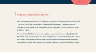Visão geral dos princípios da BNCC
Em 2010, o CNE promulgou novas DCN, ampliando e organizando o conceito de contextualização como
“a inclusão, a valorização das diferenças e o atendimento à pluralidade e à diversidade cultural
resgatando e respeitando as várias manifestações de cada comunidade”, conforme destaca o Parecer
CNE/CEB nº 7/20106
.
Nesse contexto, a BNCC afirma, de maneira explícita, o seu compromisso com a educação integral13
.
Reconhece, assim, que a Educação Básica deve visar à formação e ao desenvolvimento humano global,
o que implica compreender a complexidade e a não linearidade desse desenvolvimento, rompendo
com visões reducionistas que privilegiam ou a dimensão intelectual (cognitiva) ou a dimensão afetiva.
 