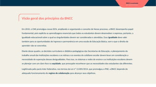Visão geral dos princípios da BNCC
Em 2010, o CNE promulgou novas DCN, ampliando e organizando o conceito de Nesse processo, a BNCC desempenha papel
fundamental, pois explicita as aprendizagens essenciais que todos os estudantes devem desenvolver e expressa, portanto, a
igualdade educacional sobre a qual as singularidades devem ser consideradas e atendidas. Essa igualdade deve valer
também para as oportunidades de ingresso e permanência em uma escola de Educação Básica, sem o que o direito de
aprender não se concretiza.
Diante desse quadro, as decisões curriculares e didático-pedagógicas das Secretarias de Educação, o planejamento do
trabalho anual das instituições escolares e as rotinas e os eventos do cotidiano escolar devem levar em consideração a
necessidade de superação dessas desigualdades. Para isso, os sistemas e redes de ensino e as instituições escolares devem
se planejar com um claro foco na equidade, que pressupõe reconhecer que as necessidades dos estudantes são diferentes.
Legitimada pelo pacto Inter federativo, nos termos da Lei nº 13.005/2014, que promulgou o PNE, a BNCC depende do
adequado funcionamento do regime de colaboração para alcançar seus objetivos.
 