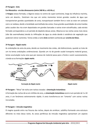 2ª Paragem - Grés
Era Mesozóica - era dos dinossauros (entre 248 M.a. e 65 M.a.)
A Pangea estava formada, o Algarve estava no centro do super-continente, longe da influência marinha,
seria um deserto… Existiriam rios que em certos momentos teriam grandes caudais de água que
transportariam grandes quantidades de areia, transportavam também ferro e este ao estar em contacto
com o ar oxidava, dando a tonalidade avermelhada das areias. Essas grandes quantidades de areia trazidas
pelos caudais dos rios eram depositadas em grandes bancadas e outras eram estratificadas, cada estrato
formado corresponderia a um período de depósito dessas areias. Observa-se nas rochas zonas mais claras
(não tão avermelhadas) devido às infiltrações de água ou ainda devido à existência de vegetação que
poderiam retirar nutrientes. Temos então a rocha Grés também conhecida por arenito de Silves.


3ª Paragem - Ripple marks
As ondulações da areia da praia, devido ao movimento das ondas, são bidireccionais, quando se trata de
um rio temos ondulações unidireccionais. Quando um rio de grande caudal transporta material grosso,
temos acumulação numa zona que por excesso de material passa para a frente e assim sucessivamente,
criando-se as formações ripple marks.




                     Formação de Ripple marks                                      Ripple marks


4ª Paragem - “Mesa” de rocha com rochas cravadas - cimentação instantânea
A formação das rochas dá-se em milhões de anos, a cimentação instantânea ocorre num período de 5 a 10
anos, é um fenómeno extremamente rápido. A areia transforma-se em “cimento” com outras rochas
incrustadas.


5ª Paragem – intrusão magmática
O magma quando entra nas fissuras das rochas, depois de arrefecer, solidifica formando uma estrutura
diferente no meio dessa rocha. As zonas periféricas da intrusão magmática apresentam um aspecto




-------------------------------------- Programa Regional de Educação Ambiental pela Arte – 2010/2011   3
 