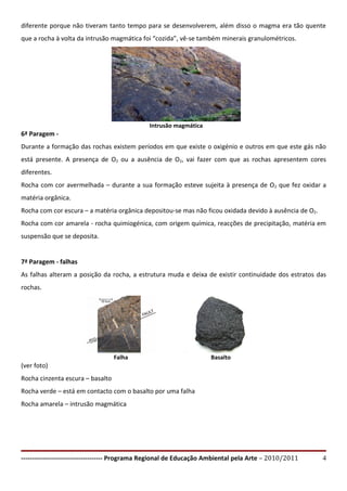 diferente porque não tiveram tanto tempo para se desenvolverem, além disso o magma era tão quente
que a rocha à volta da intrusão magmática foi “cozida”, vê-se também minerais granulométricos.




                                              Intrusão magmática
6ª Paragem -
Durante a formação das rochas existem períodos em que existe o oxigénio e outros em que este gás não
está presente. A presença de O2 ou a ausência de O2, vai fazer com que as rochas apresentem cores
diferentes.
Rocha com cor avermelhada – durante a sua formação esteve sujeita à presença de O2 que fez oxidar a
matéria orgânica.
Rocha com cor escura – a matéria orgânica depositou-se mas não ficou oxidada devido à ausência de O2.
Rocha com cor amarela - rocha quimiogénica, com origem química, reacções de precipitação, matéria em
suspensão que se deposita.


7ª Paragem - falhas
As falhas alteram a posição da rocha, a estrutura muda e deixa de existir continuidade dos estratos das
rochas.




                                  Falha                             Basalto
(ver foto)
Rocha cinzenta escura – basalto
Rocha verde – está em contacto com o basalto por uma falha
Rocha amarela – intrusão magmática




-------------------------------------- Programa Regional de Educação Ambiental pela Arte – 2010/2011    4
 
